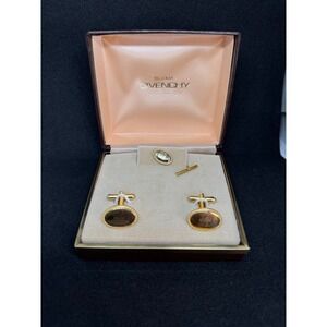 Vintage Givenchy Cufflinks‎ Tie Tack Lapel Pin Set Oval Gold Tone Bijoux
